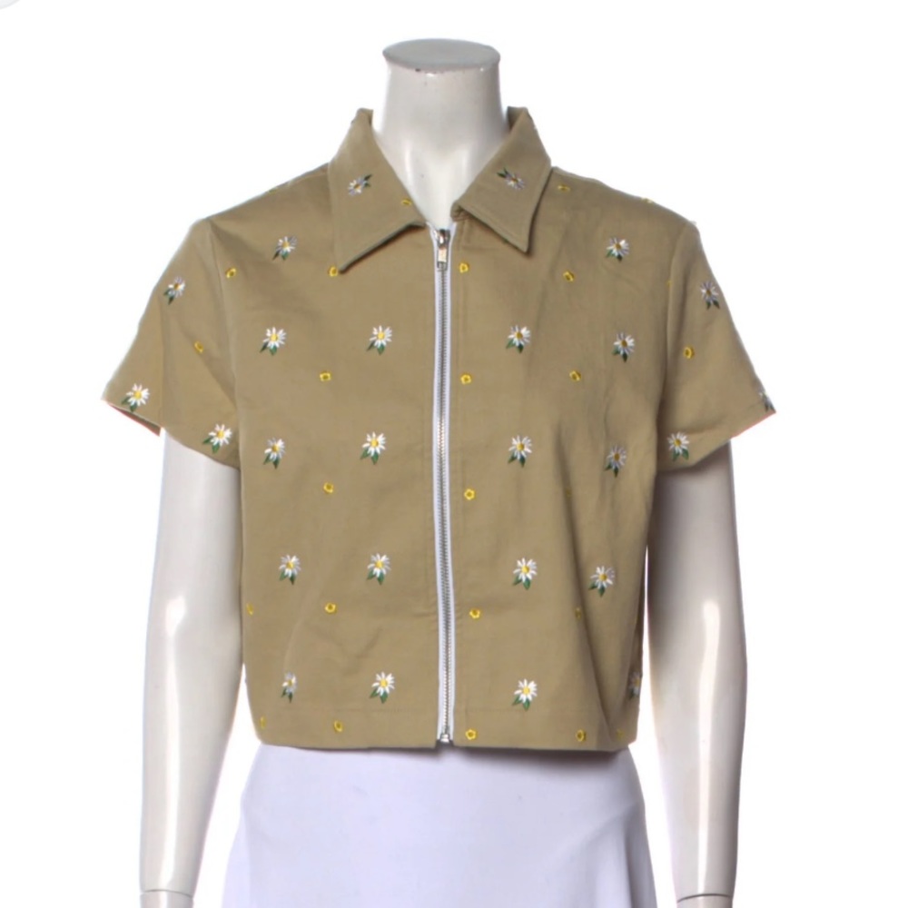 Miaou - Printed Short Sleeve Crop Top Zip Up